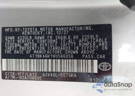 2008 Toyota Camry Xle V6 из США, поврежденный, VIN 4T1BK46K18U566056